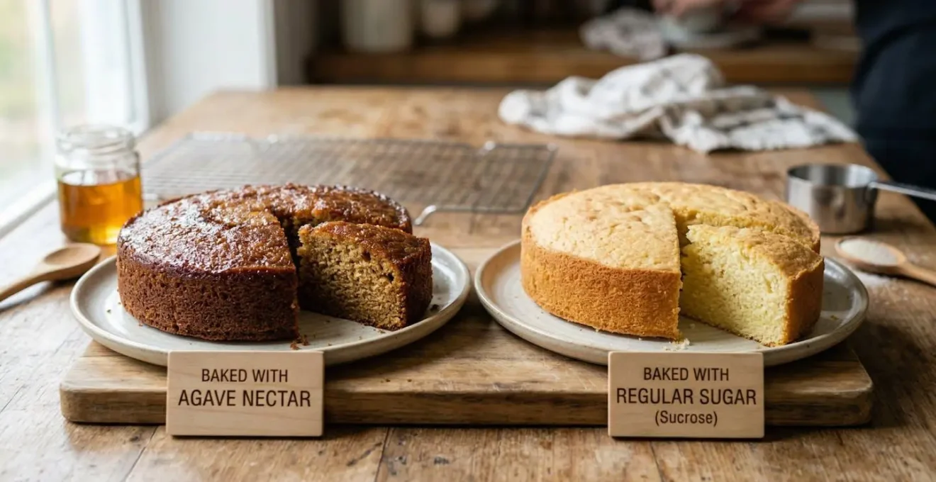 Comparaison visuelle du brunissement de gâteaux avec agave et sucre classique