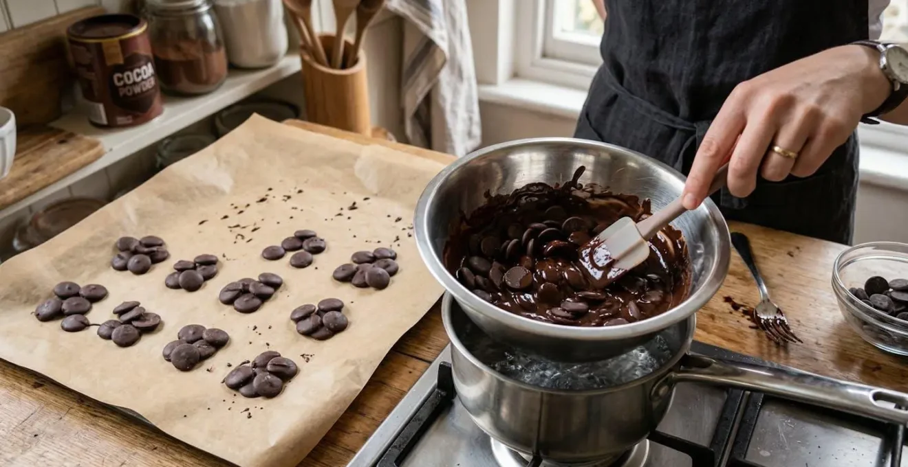 Processus de recyclage du chocolat en pistoles maison sur papier sulfurisé