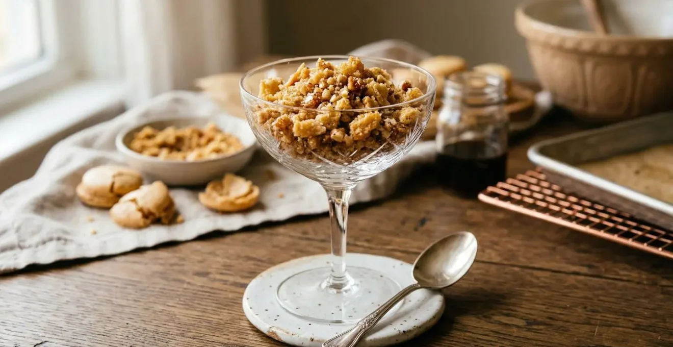 Transformation créative de macarons ratés en crumble doré dans une verrine élégante