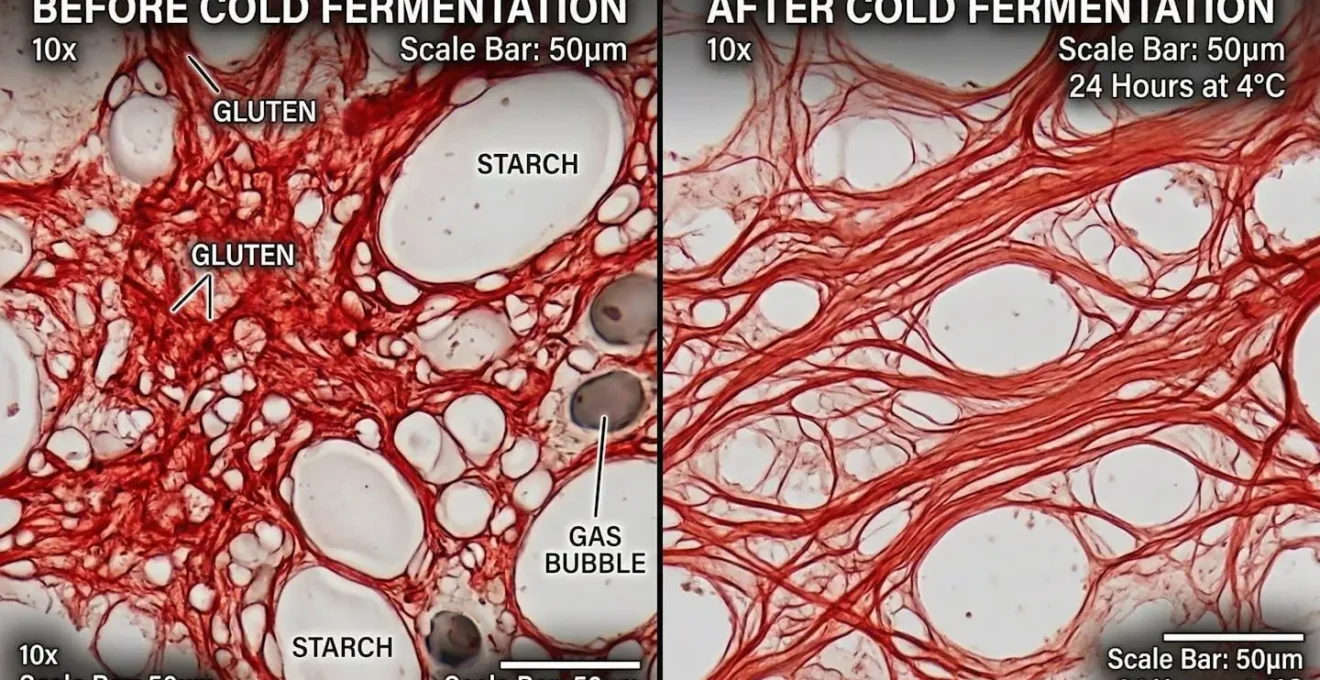 Comparaison microscopique du réseau de gluten dans la pâte avant et après repos au froid