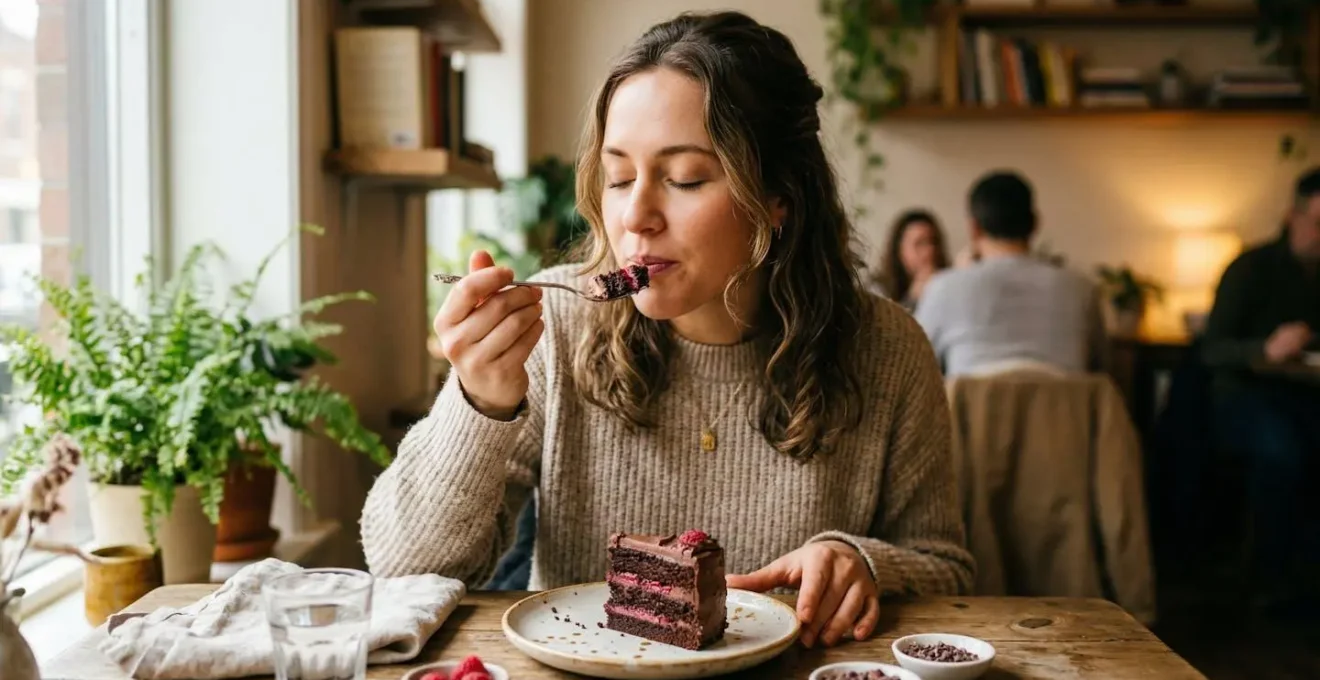 Dégustation consciente d'une part de gâteau avec attention sensorielle