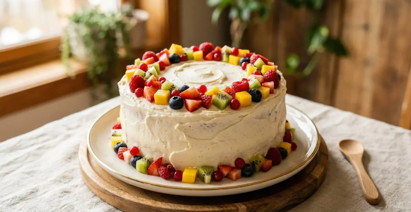 Gâteau smash cake avec texture moelleuse et glaçage naturel, décoré de fruits frais coupés en petits morceaux