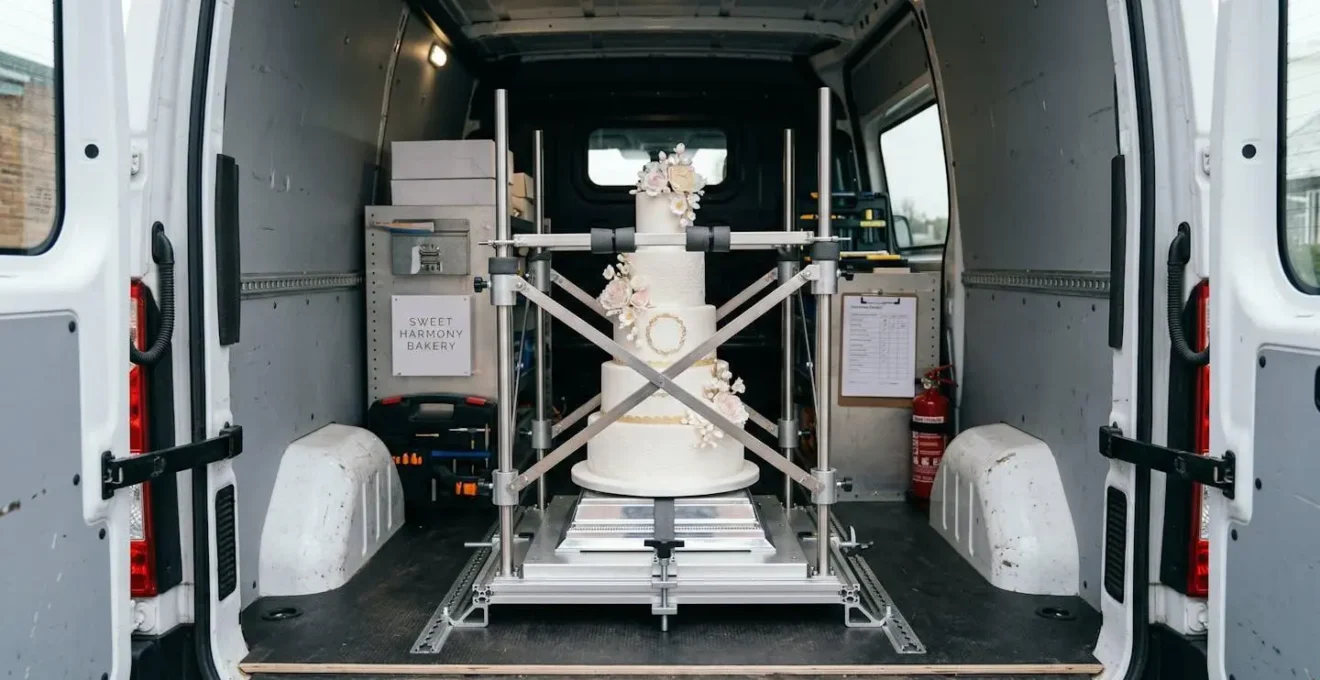 Vue intérieure d'une camionnette avec système de calage professionnel pour pièce montée