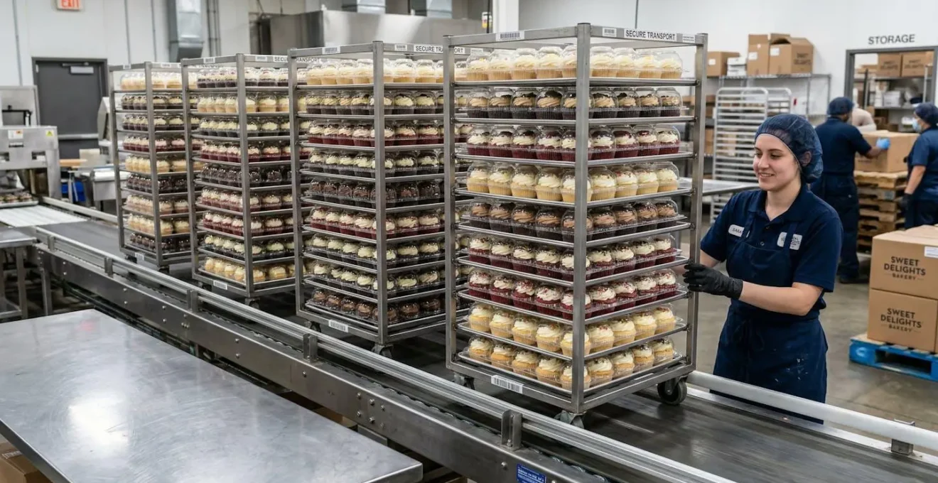 Système de transport professionnel avec racks empilables contenant des cupcakes sécurisés