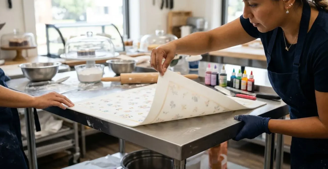 Démonstration de la technique de décollage d'une feuille de sucre sur le bord d'une table