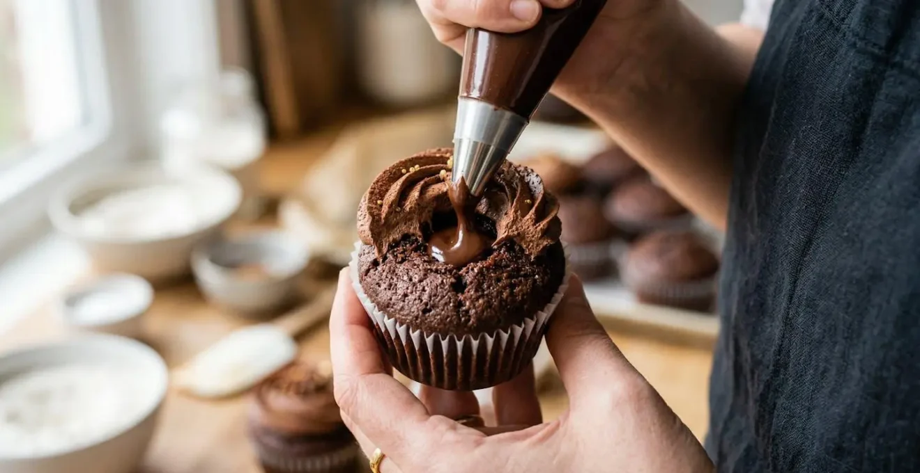 Démonstration macro de la technique d'insertion d'un cœur coulant dans un cupcake
