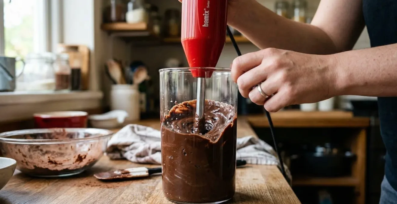 Mixeur plongeant Bamix immergé dans récipient haut de glaçage au chocolat