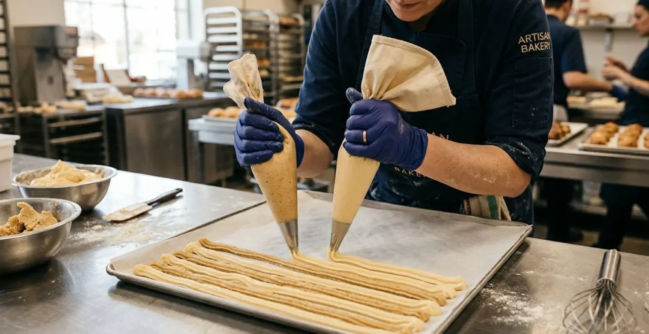 Mains de pâtissier utilisant une poche à douille pour créer des lignes de pâte alternées