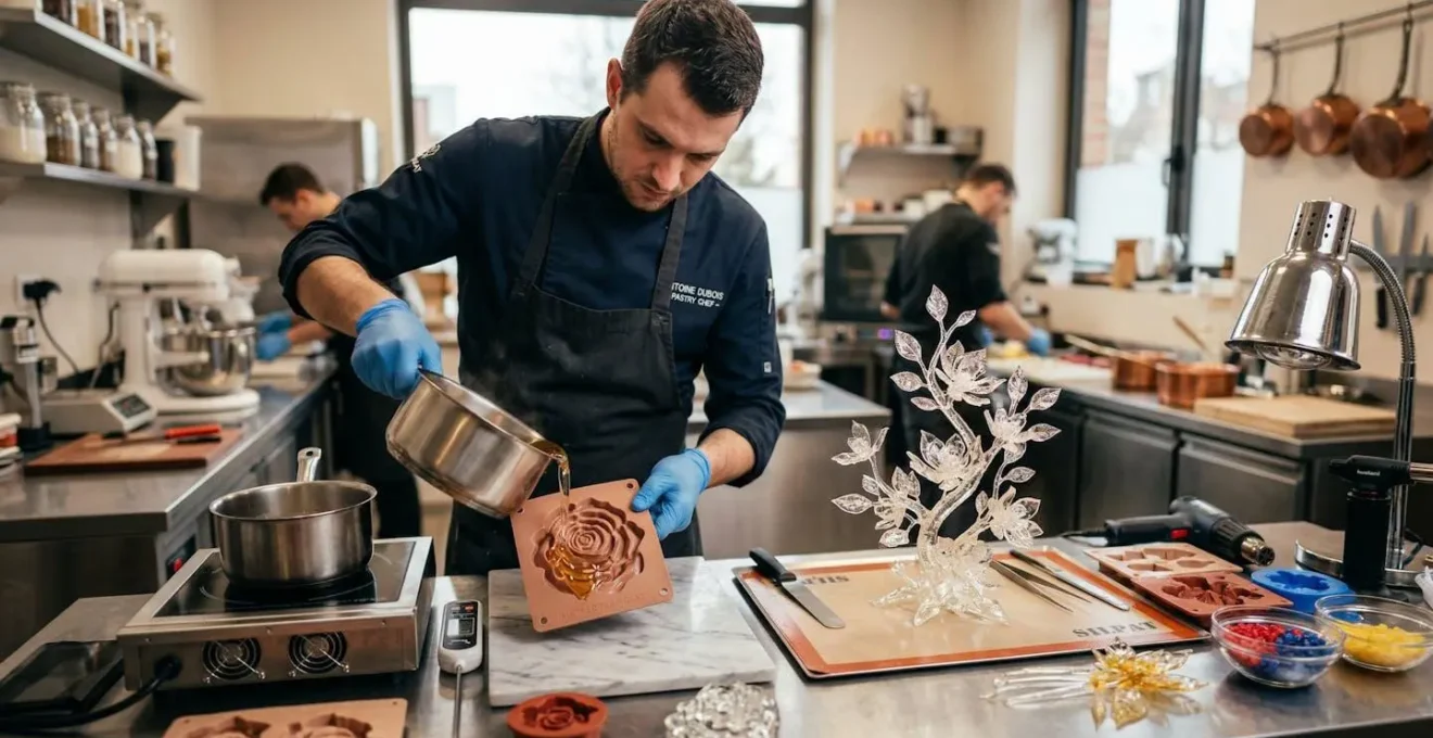 Démonstration des techniques de moulage et tirage de l'isomalt en pâtisserie