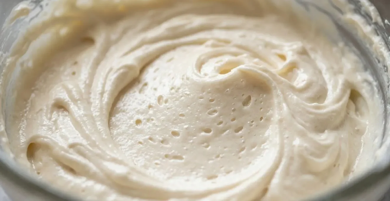 Gros plan macro sur texture de crème au beurre parfaitement émulsionnée avec bulles d'air visibles